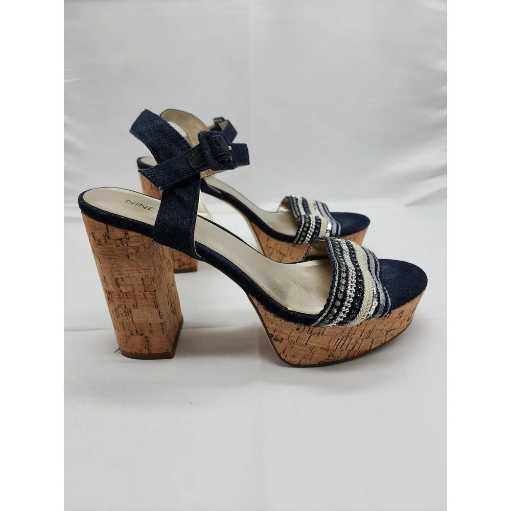 Nine West Womens Platform Sandal Block Heel Denim Open Toe Black Beige Size 8.5